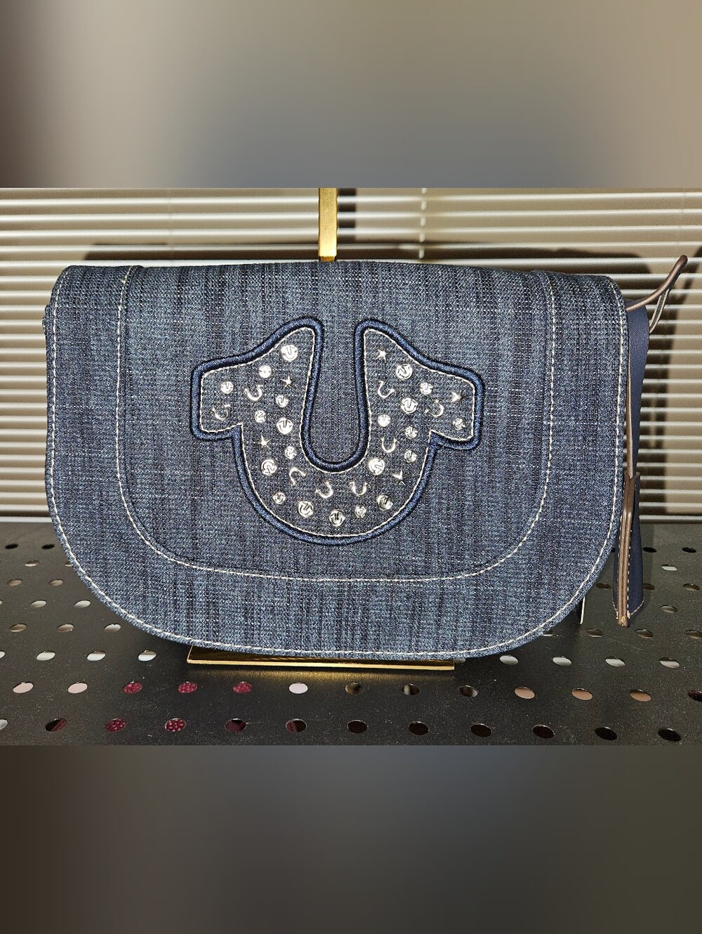 NWT True Religion Denim Crossbody in Dark Blue with Studded Logo